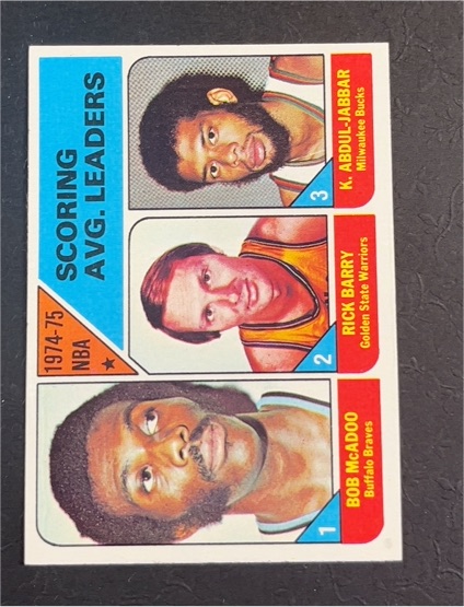 1975-76 Topps #1 NBA Scoring Avg. Leaders Kareem Abdul-Jabbar Rick Barry Bob McAdoo — front