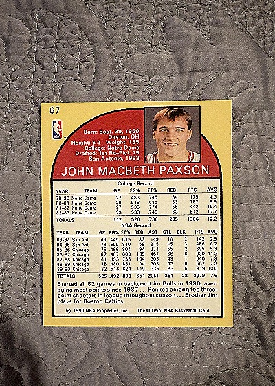 1990 NBA Hoops #67 John Paxson — back