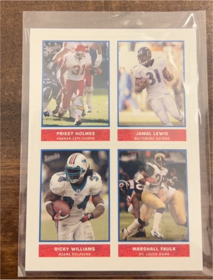 2004 Bazooka Stickers Priest Holmes/Jamal Lewis/Ricky Williams/Marshall Faulk — front