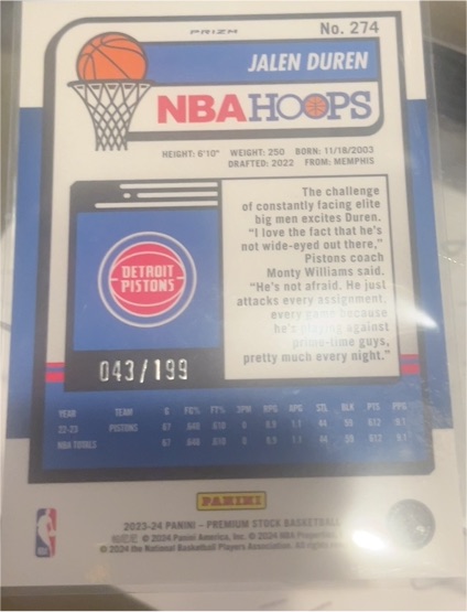 2023-24 Panini NBA Hoops Premium Stock #274 Jalen Duren — front