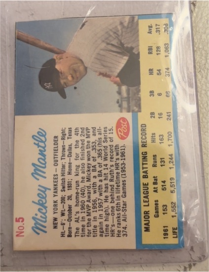 1962 Post Cereal #5 Mickey Mantle — front