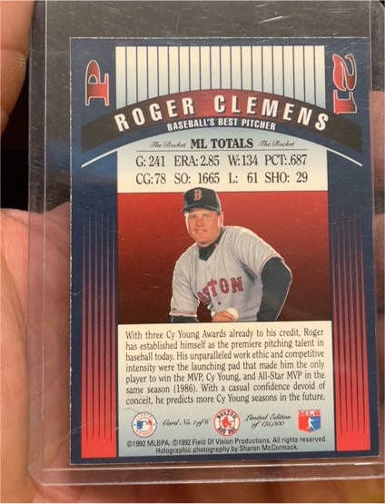 1992 Field of Vision #21 Roger Clemens — front