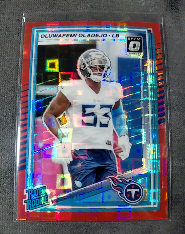 2025 Donruss Optic #384 Oluwafemi Oladejo Rated Rookie Preview Red Pandora Prizm — front
