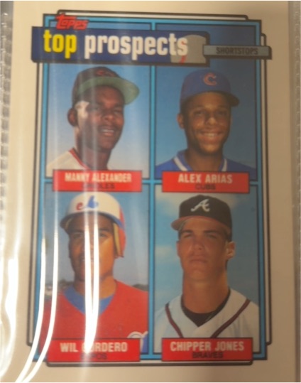 1992 Topps #551 Top Prospects Shortstops Manny Alexander/Alex Arias/Wil Cordero/Chipper Jones — front