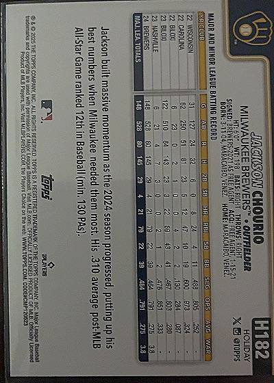 2025 Topps Holiday #H182 Jackson Chourio — back