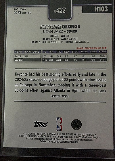 2025-26 Topps Holiday #H103 Keyonte George — back