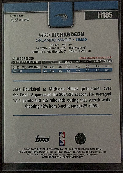 2025-26 Topps Holiday #H185 Jase Richardson — back