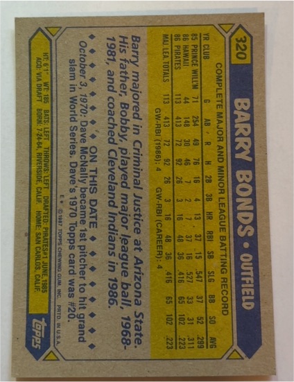 1987 Topps #320 Barry Bonds — front