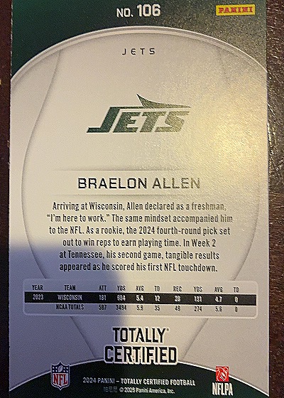 2024 Panini Totally Certified #106 Braelon Allen — back