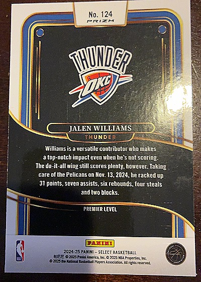 2024-25 Panini Select Premier Level #124 Jalen Williams — back
