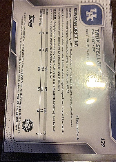 2025 Bowman Chrome University #129 Troy Stellato — back