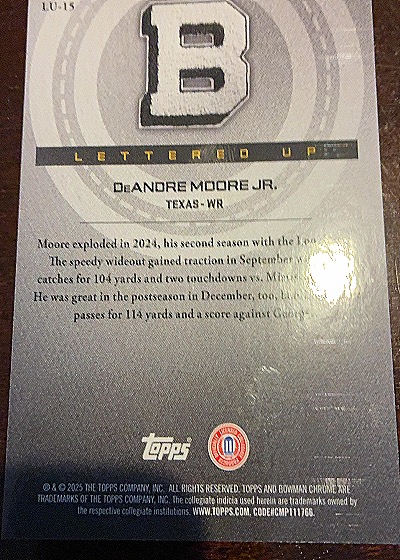 2025 Bowman University Chrome #LU-15 DeAndre Moore Jr. Lettered Up — back