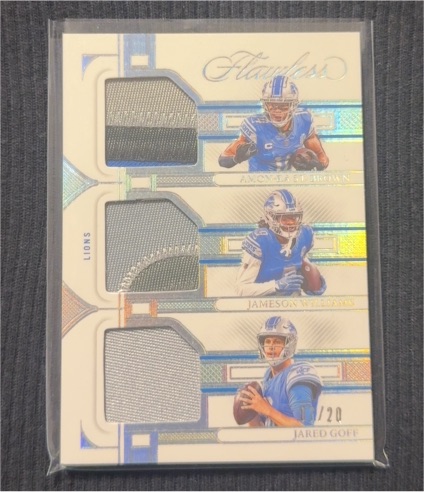 2023 Panini Flawless Triple Patch #TP-LIO Amon-Ra St. Brown / Jameson Williams / Jared Goff — front