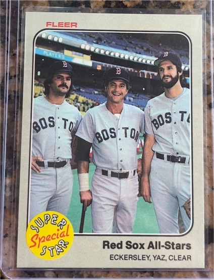 1983 Fleer #629 Red Sox All-Stars Dennis Eckersley, Carl Yastrzemski, Mark Clear — front