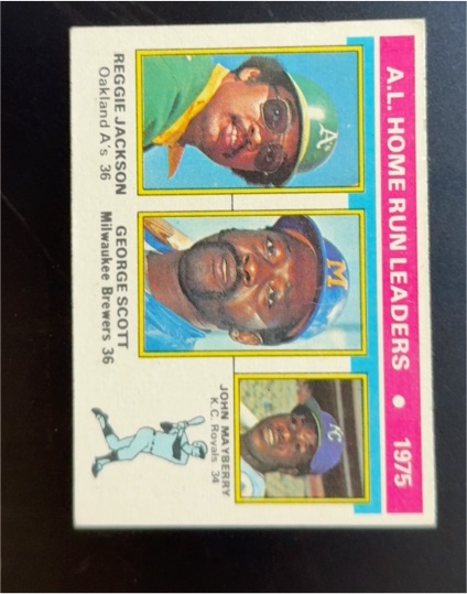 1976 Topps #194 A.L. Home Run Leaders Reggie Jackson/George Scott/John Mayberry — front