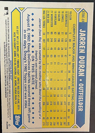 2022 Topps Chrome #87BC-19 Jarren Duran — back