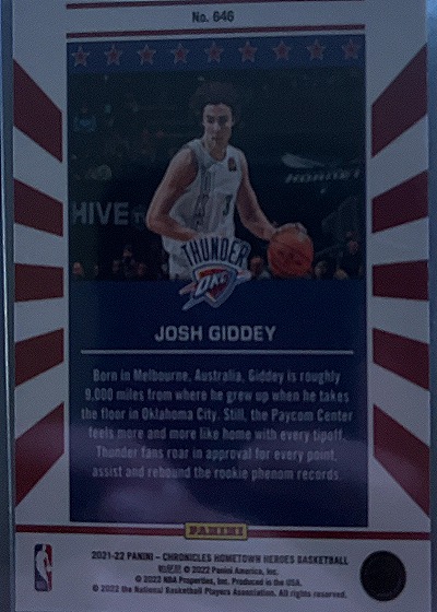 2021-22 Panini Chronicles #646 Josh Giddey — back