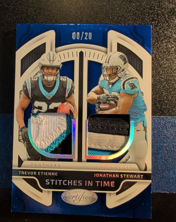 2025 Panini Certified #06/20 Trevor Etienne and Jonathan Stewart Stitches In Time — front