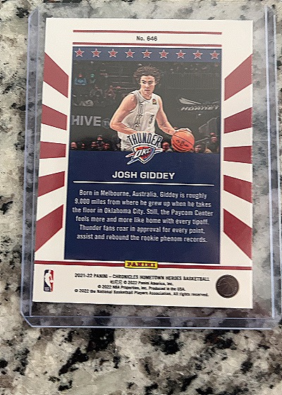 2021-22 Panini Chronicles Hometown Heroes #646 Josh Giddey — back