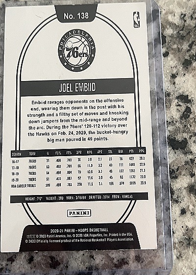 2020-21 Panini NBA Hoops Basketball #138 Joel Embiid — back