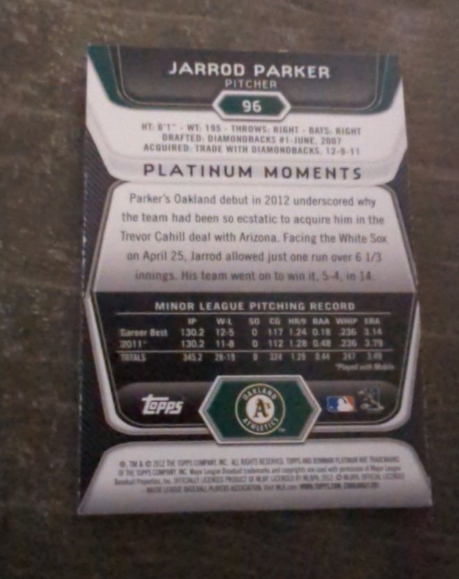 2012 Bowman Platinum #96 Jarrod Parker Rookie RC — front