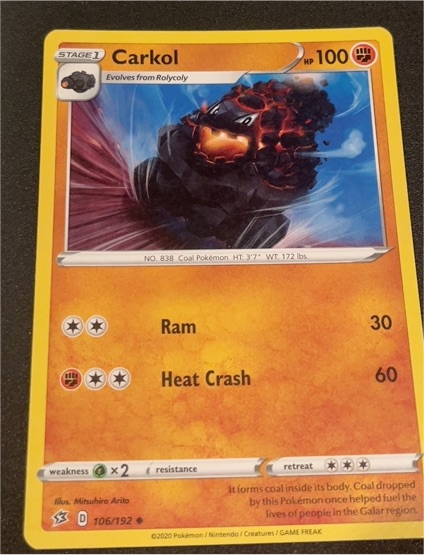 2020 Pokemon Sword & Shield Rebel Clash #106 Carkol — front
