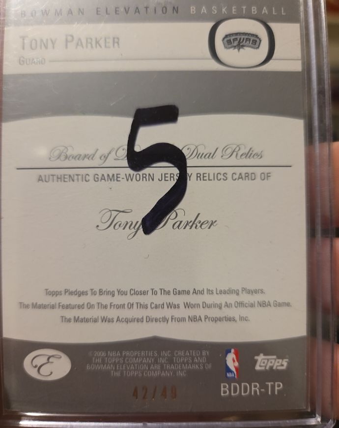 2006 Bowman Elevation Basketball Board of Directors Dual Relics #BDDR-TP Tony Parker — front