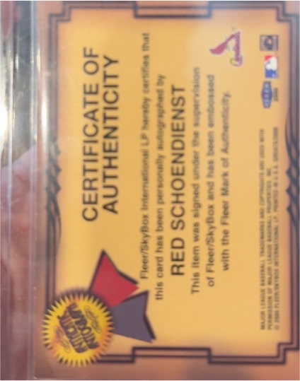 1979 Fleer/Playboy International LP Certificate of Authenticity Red Schoendienst — front