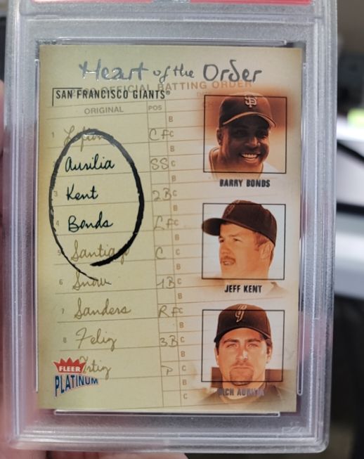 2003 Fleer Platinum Heart of the Order #10 Barry Bonds / Jeff Kent / Rich Aurilia — front