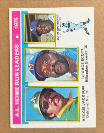 1976 Topps #194 A.L. Home Run Leaders Reggie Jackson / George Scott / John Mayberry — front
