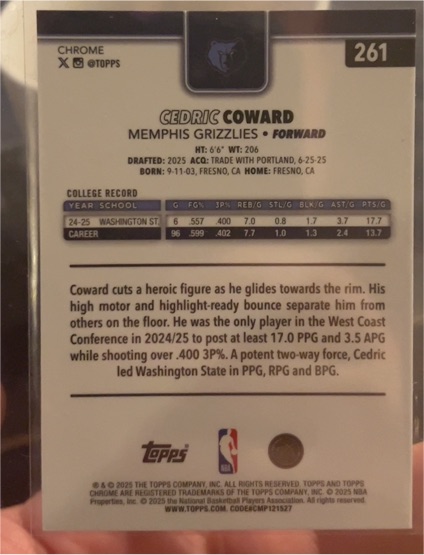 2025 Topps #261 Cedric Coward — front