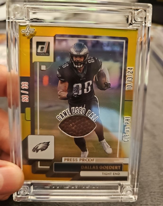 2025 Donruss Jersey Fusion Game Used Ball Patch #10/13/24 Dallas Goedert — front