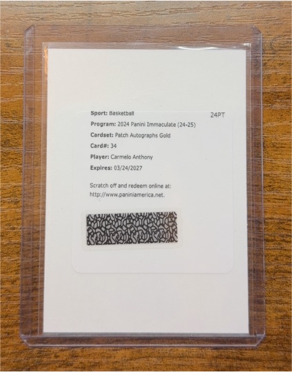 2024 Panini Immaculate Patch Autographs Gold #34 Carmelo Anthony — front