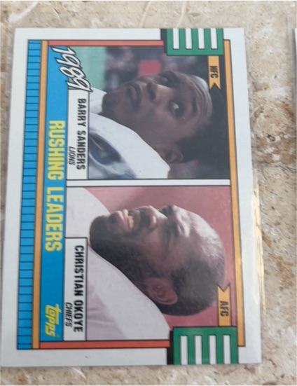 1990 Topps #28 Barry Sanders / Christian Okoye Rushing Leaders — front