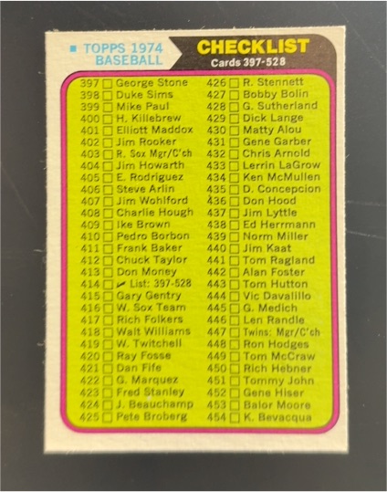 1974 Topps #414 Checklist Cards 397-528 — front