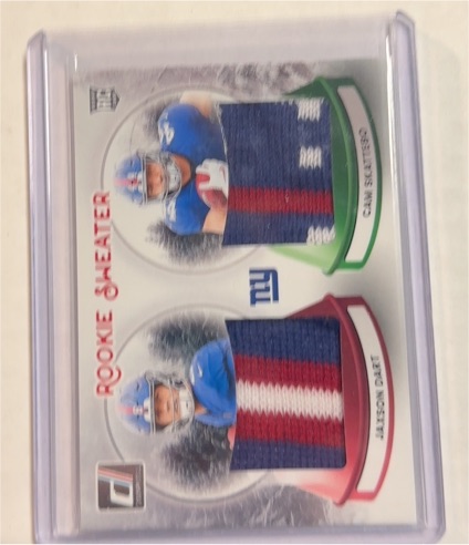 2025 Donruss Football #SWED-NYG Jaxson Dart / Cam Skattebo Rookie Sweater Dual Patch — front