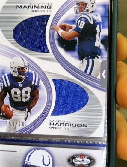 2004 SP Game Used Peyton Manning / Marvin Harrison Dual Jersey #99/100 — front