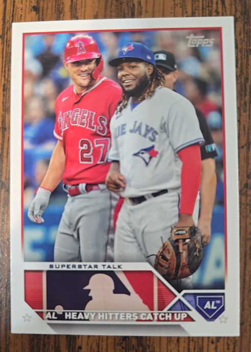 2023 Topps #396 Superstar Talk Mike Trout Vladimir Guerrero Jr. — front