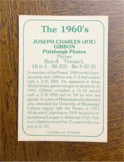1978 TCMA The 1960's #0219 Joseph Charles (Joe) Gibbon — front