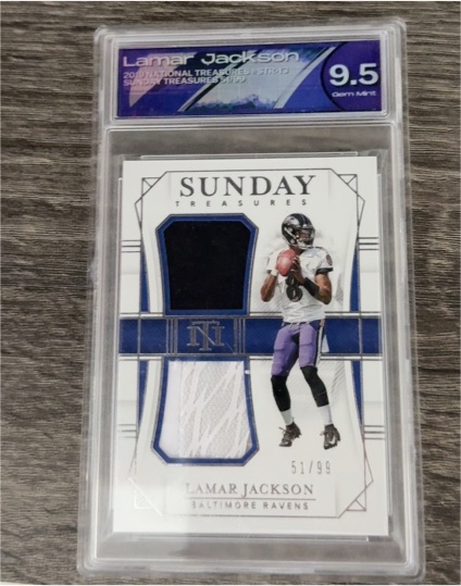 2020 Panini National Treasures Sunday Treasures Dual Relic #STR-13 Lamar Jackson — front