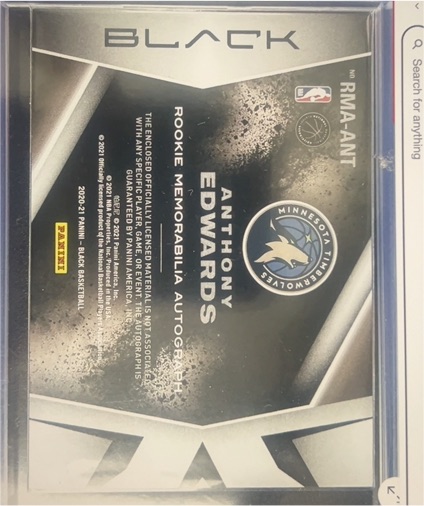 2020-21 Panini Black #RMA-ANT Anthony Edwards Rookie Autograph — front