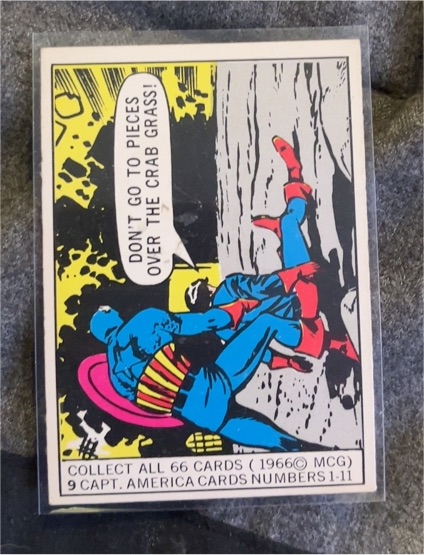 1966 Donruss Marvel Super Heroes #9 Captain America Don't Go To Pieces Over The Crab Grass! — front