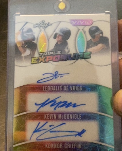 2025 Leaf Vivid Triple Exposure #TE-? Leddalis De Vries/Kevin McGonigle/Konnor Griffin — front
