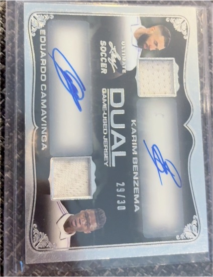 2022 Leaf Ultimate Soccer Dual Game-Used Jersey Autograph #DJA-6 Karim Benzema & Eduardo Camavinga — front
