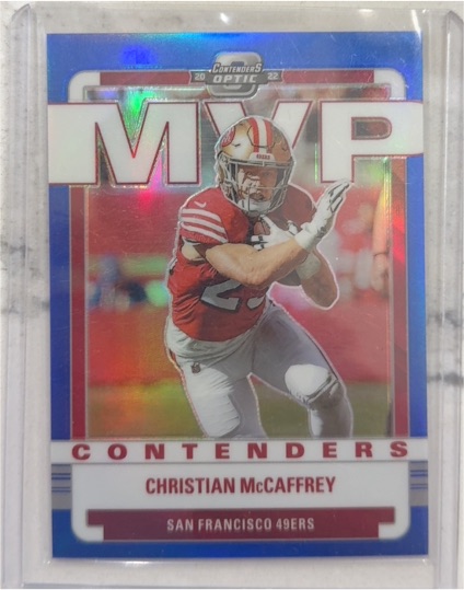 2022 Panini Contenders Optic MVP Contenders #MVP-CMC Christian McCaffrey — front