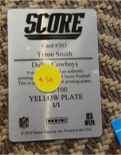 2014 Panini Score #303 Tyron Smith Yellow Plate 1/1 — front