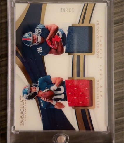 2018 Panini Immaculate Collection Dual Patch #13 Eli Manning / Saquon Barkley — front