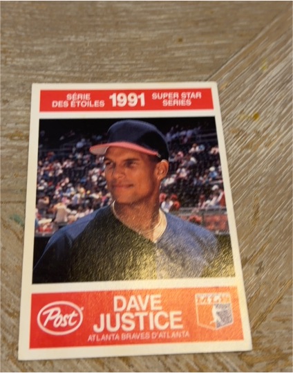 1991 Post Canada Super Star Series #28 Dave Justice — front