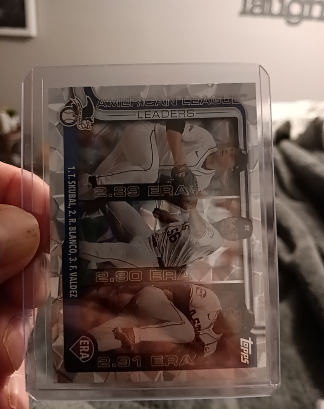2025 Topps Series 1 #5 American League ERA Leaders Tarik Skubal, Ronel Blanco, Framber Valdez — front