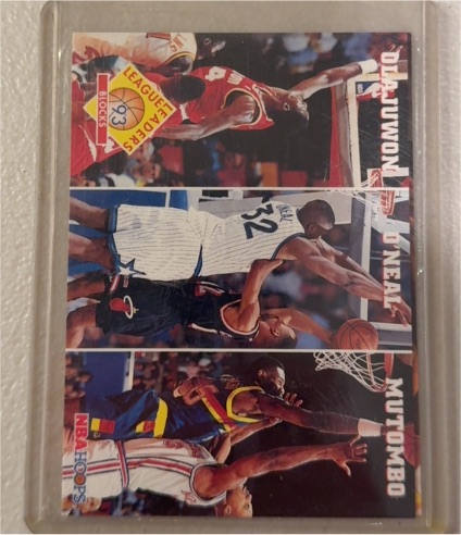 1993-94 Hoops #290 Hakeem Olajuwon / Shaquille O'Neal / Dikembe Mutombo — front